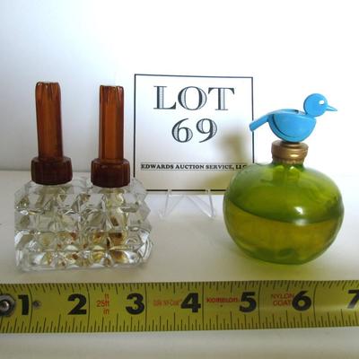 Art Deco Glass Double Perfume Bottle and Vintage Avon Perfume With Bird Spray Finial