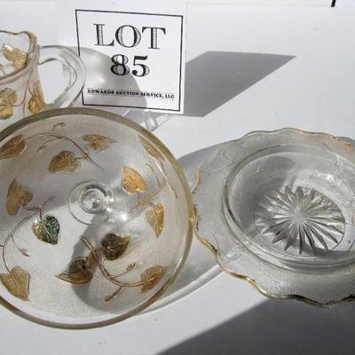 Antique EAPG Covered Butter Dish, Creamer and Spooner, Ivy In Snow Pattern, Gold Trim