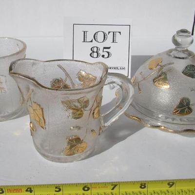 Antique EAPG Covered Butter Dish, Creamer and Spooner, Ivy In Snow Pattern, Gold Trim