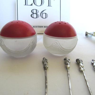 Neat Satin Glass and Plastic Art Deco Salt/Pepper Shaker Set & Metal Hors d'oeuvre Forks