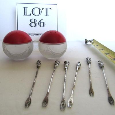 Neat Satin Glass and Plastic Art Deco Salt/Pepper Shaker Set & Metal Hors d'oeuvre Forks