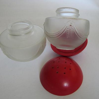 Neat Satin Glass and Plastic Art Deco Salt/Pepper Shaker Set & Metal Hors d'oeuvre Forks