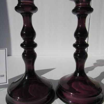 Very Nice Pair Old Amethyst Glass Candlesticks