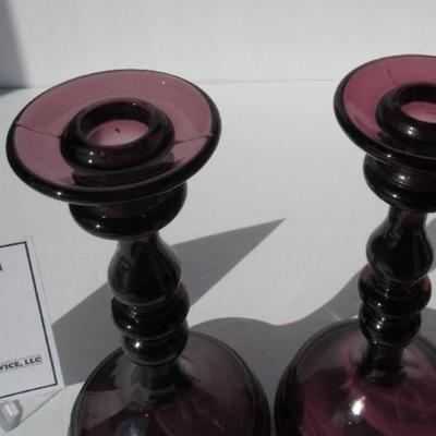 Very Nice Pair Old Amethyst Glass Candlesticks