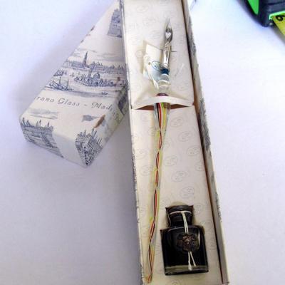 Nice Murano Italy Art Glass Ink Pen Sterling and Glass In Box