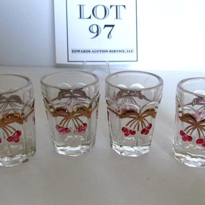 Childs Set of 4 Wreathed Cherry Tumblers and Depression Glass Childs Saucer