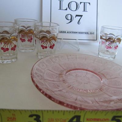 Childs Set of 4 Wreathed Cherry Tumblers and Depression Glass Childs Saucer