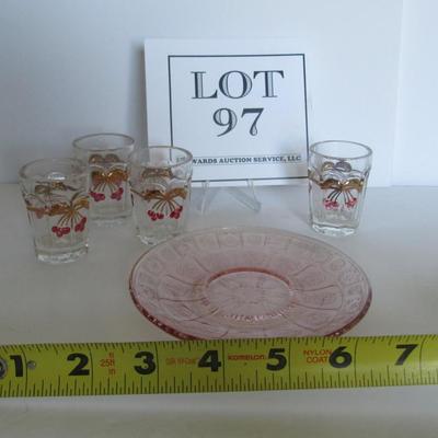 Childs Set of 4 Wreathed Cherry Tumblers and Depression Glass Childs Saucer