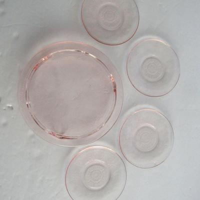 Mosser Glass Pink Child's Jennifer Dishes, Cake Plate and 4 Plates