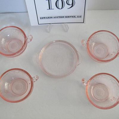 Mosser Glass Childs Pink Jennifer Dishes, 4 Cream Soup Bowls and Tray