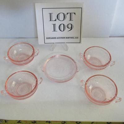 Mosser Glass Childs Pink Jennifer Dishes, 4 Cream Soup Bowls and Tray