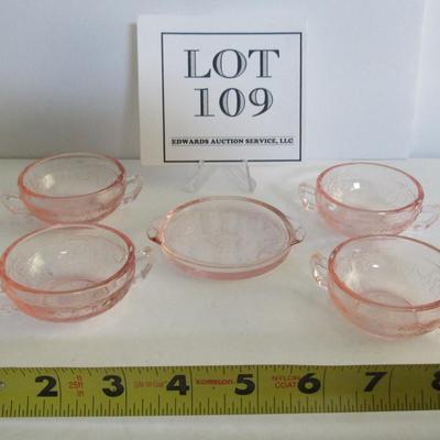 Mosser Glass Childs Pink Jennifer Dishes, 4 Cream Soup Bowls and Tray