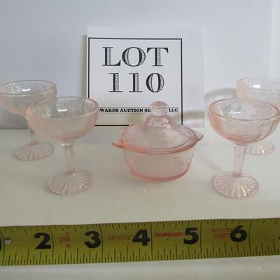 Mosser Glass Pink Jennifer Dishes, 4 Tall Sherberts and Covered Dish