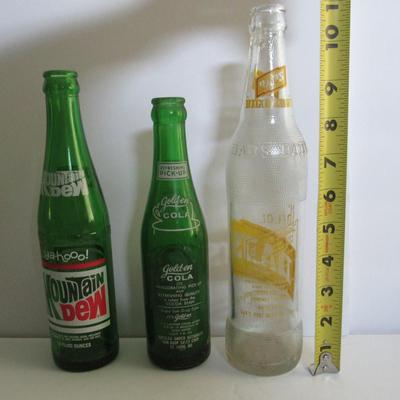 Lot of 3 Old Pop Bottles, Mountain Dew, Sun Drop, Dad's