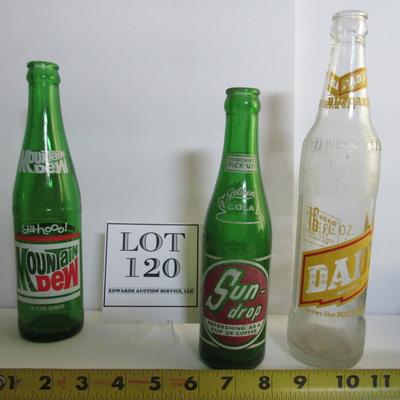 Lot of 3 Old Pop Bottles, Mountain Dew, Sun Drop, Dad's
