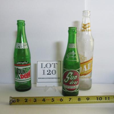 Lot of 3 Old Pop Bottles, Mountain Dew, Sun Drop, Dad's