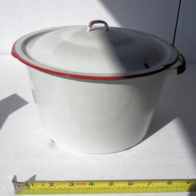 Lot 143: Old White Enamelware Covered Pot