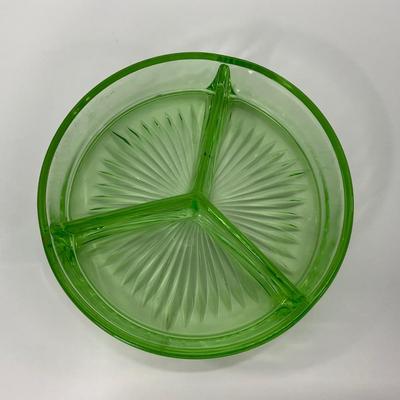 -103- URANIUM | Green Depression Three Part Divided Round Dish