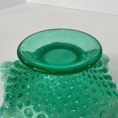 -105- GLASSWARE | Blue Green Hobnail  Fenton Short Candy Dish