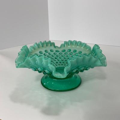 -105- GLASSWARE | Blue Green Hobnail  Fenton Short Candy Dish