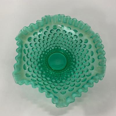-105- GLASSWARE | Blue Green Hobnail  Fenton Short Candy Dish
