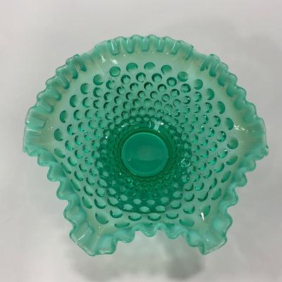 -105- GLASSWARE | Blue Green Hobnail  Fenton Short Candy Dish