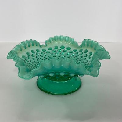 -105- GLASSWARE | Blue Green Hobnail  Fenton Short Candy Dish