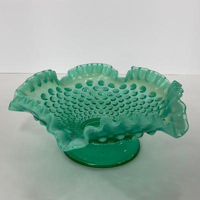 -105- GLASSWARE | Blue Green Hobnail  Fenton Short Candy Dish