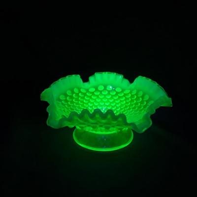 -105- GLASSWARE | Blue Green Hobnail  Fenton Short Candy Dish