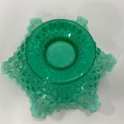 -105- GLASSWARE | Blue Green Hobnail  Fenton Short Candy Dish