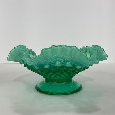 -105- GLASSWARE | Blue Green Hobnail  Fenton Short Candy Dish