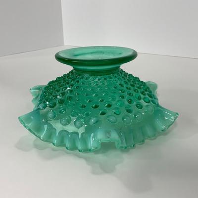 -105- GLASSWARE | Blue Green Hobnail  Fenton Short Candy Dish