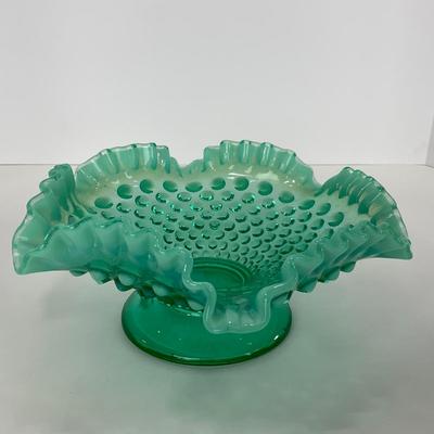-105- GLASSWARE | Blue Green Hobnail  Fenton Short Candy Dish
