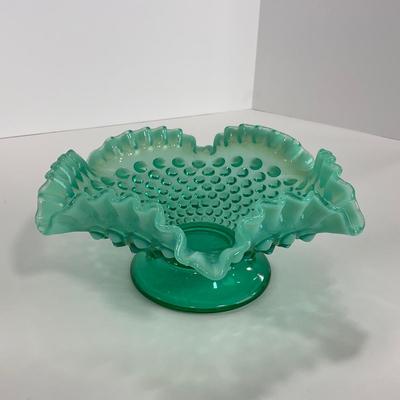 -105- GLASSWARE | Blue Green Hobnail  Fenton Short Candy Dish
