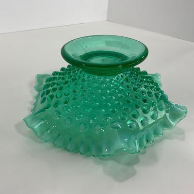 -105- GLASSWARE | Blue Green Hobnail  Fenton Short Candy Dish