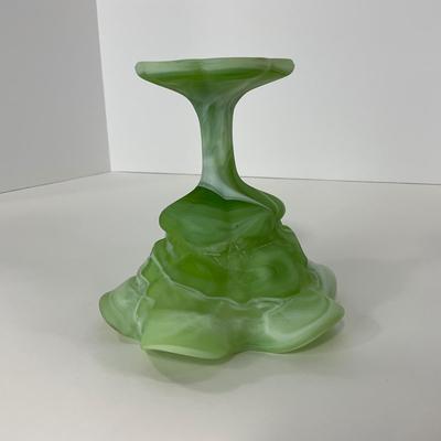 -106- GLASSWARE | Kanawha Aramaic Pedestal Compote | Green & White Slag Glass