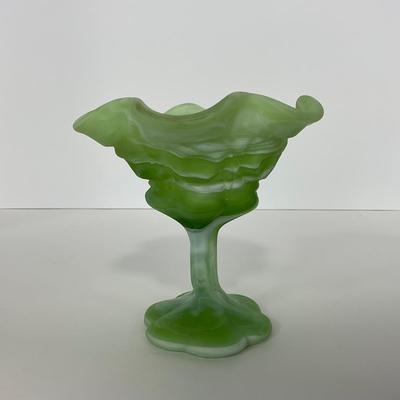 -106- GLASSWARE | Kanawha Aramaic Pedestal Compote | Green & White Slag Glass
