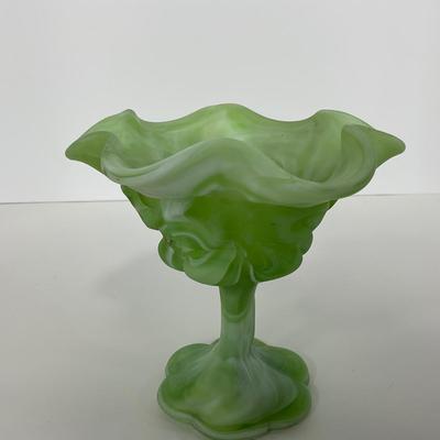 -106- GLASSWARE | Kanawha Aramaic Pedestal Compote | Green & White Slag Glass