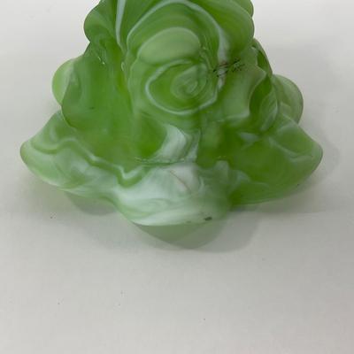 -106- GLASSWARE | Kanawha Aramaic Pedestal Compote | Green & White Slag Glass
