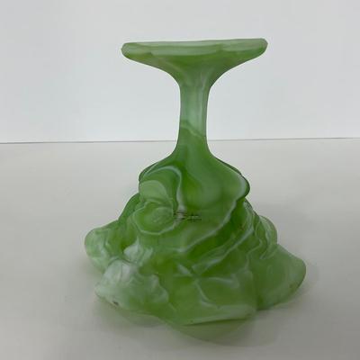 -106- GLASSWARE | Kanawha Aramaic Pedestal Compote | Green & White Slag Glass