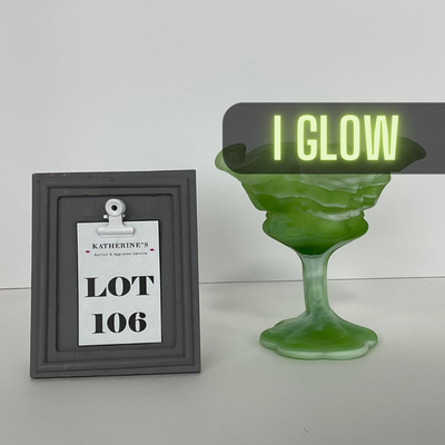-106- GLASSWARE | Kanawha Aramaic Pedestal Compote | Green & White Slag Glass