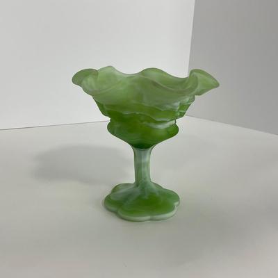 -106- GLASSWARE | Kanawha Aramaic Pedestal Compote | Green & White Slag Glass