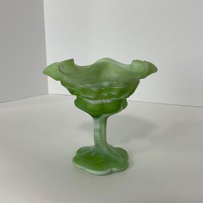 -106- GLASSWARE | Kanawha Aramaic Pedestal Compote | Green & White Slag Glass