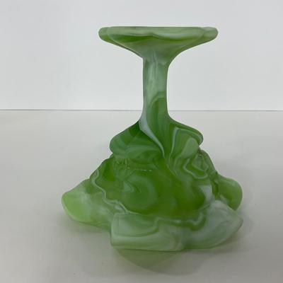 -106- GLASSWARE | Kanawha Aramaic Pedestal Compote | Green & White Slag Glass