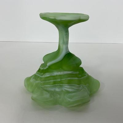 -106- GLASSWARE | Kanawha Aramaic Pedestal Compote | Green & White Slag Glass