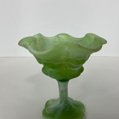 -106- GLASSWARE | Kanawha Aramaic Pedestal Compote | Green & White Slag Glass