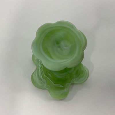 -106- GLASSWARE | Kanawha Aramaic Pedestal Compote | Green & White Slag Glass