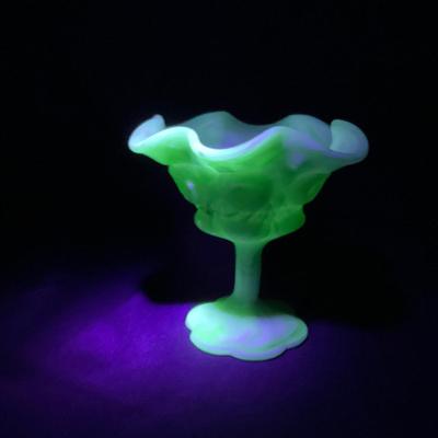 -106- GLASSWARE | Kanawha Aramaic Pedestal Compote | Green & White Slag Glass