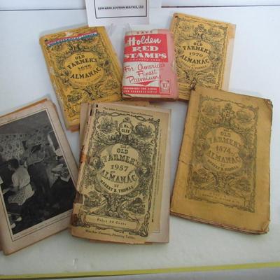 Lot of Old Farmers Almanacs, One is 1874, and Old Stamp Book