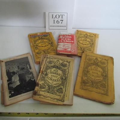 Lot of Old Farmers Almanacs, One is 1874, and Old Stamp Book